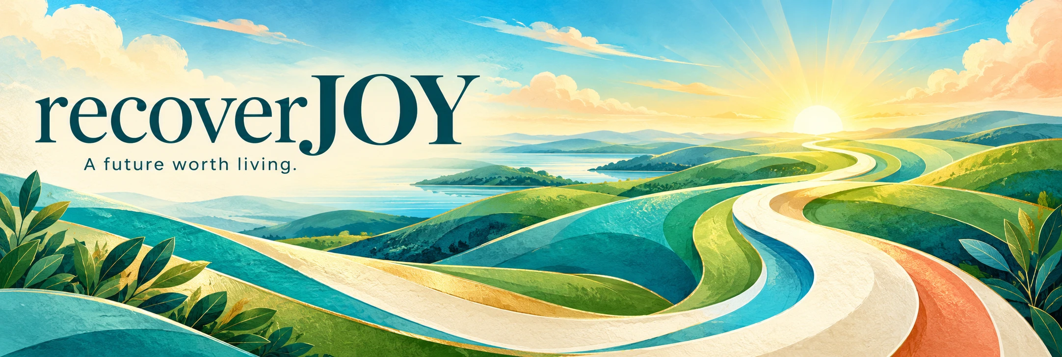 recoverJOY — A future worth living. A sunlit open path through turquoise and green hills.